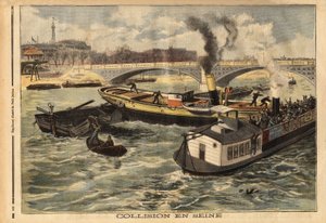 Botsing op de Seine tussen een Engelse stoomboot en een omnibus peniche van Parijs, ter hoogte van de koninklijke brug. Gravure in 