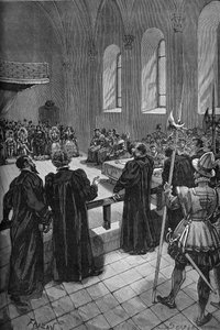 Colloquium van Poissy (1561). Toespraak van de Zwitserse calvinist Théodore de Bèze (1519-1605) (midden, achter), hoofd van de protestantse delegatie