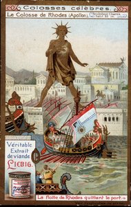 Beroemde kolossen: de Kolossus van Rhodos (Apollo, Helios) (hoogte 32 meter), de beeldhouwer Chares de Lindos (4e eeuw v.Chr.); de vloot van Rhodos verlaat de haven (Griekenland) - Liebig chromolithografie