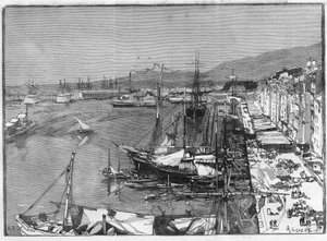 Handelsschip en arsenaal in de haven van Toulon (Var), Frankrijk. Gravure in 