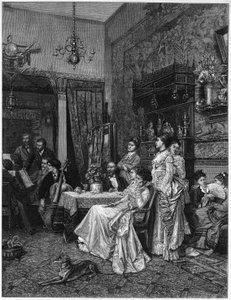 Concert van amateurs in een kunstenaarsatelier. Reproductie van een schilderij door Adrien Moreau (1843-1906) gepresenteerd op de Salon van 1873