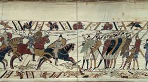 Verovering van Engeland door Willem de Veroveraar in 1066, gevechtsscène tussen de Normandische cavalerie en de Saksische infanterie van koning Harold II van Engeland (detail van het Tapijt van Bayeux) door Unknown artist