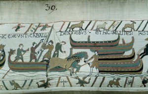 Normandische schepen varen langs de Engelse kust. Het paard trekt de boot op de gang. (detail) door Unknown artist