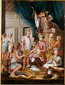 Verovering van Mexico: Montezuma (of Moctezuma II), Azteekse keizer (1466-1520) biedt geschenken aan de conquistador Hernan Cortez (of Cortes) (1485-1547) en zweert trouw aan het Koninkrijk Spanje door Unknown artist