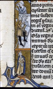 Bouw van een klooster: arbeiders en toezichthoudende koning. Verlichting van een manuscript uit het midden van de 13e eeuw. Bilioteca Trivulziana.