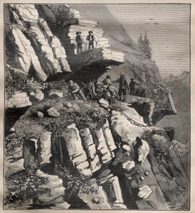 Bouw van een bergweg in de Alpen - Gravure in 