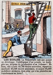 Bouw van scholen door arbeiders - in "Le Figaro", maart 1889 door Unknown artist