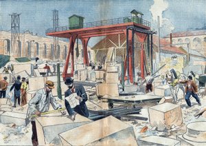 Bouw van het Grand Palais, in Parijs in 1898, ter gelegenheid van de Wereldtentoonstelling van 1900. In het midden, het diamanten wiel om stenen te snijden. Illustratie in 