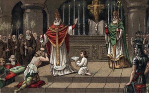 Bekering van Widukind of Witikind voor Karel de Grote in 785. Chromolithografie uit de late 19e eeuw door Unknown artist