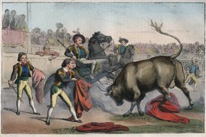 Corrida in Spanje: de picador - Stier die een Picador aanvalt - gravure uit 