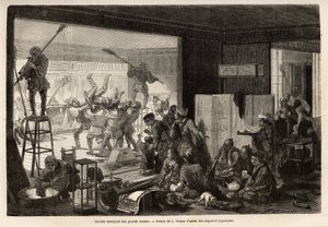 Coulies (dienaren) die een groot huis schoonmaken, voor de voorbereidingen voor het nieuwe jaar, dit huishouden eindigt met vrolijke en groteske manifestaties: verwijdering van degene die zijn taak slecht heeft uitgevoerd. Gravure ter illustratie van de re door Unknown artist