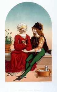Hoffelijke liefdesscène in de Middeleeuwen. College - 19e-eeuwse imitatie door Unknown artist