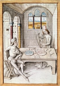 Ambachten: harp factor. Een instrumentenfabriek. Miniatuur uit een manuscript van “De Fabels van Bidpai” door Unknown artist