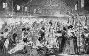 Crinolinefabrieken: het leggen van hoepels. door Unknown artist