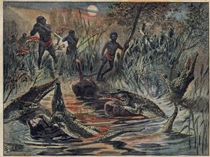Krokodillenjacht in Niger met een kind als aas. Illustratie in "Le Pelerin" van 4 december.