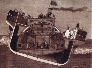 Dwarsdoorsnede van een boot ontworpen tegen zeeziekte door Henry Bessemer (1813-1898). Gravure 19e eeuw. door Unknown artist