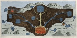 Dwarsdoorsnede van de aardkorst waarmee Athanasius Kircher de oorsprong van de thermale bronnen demonstreert - 17e eeuw door Unknown artist