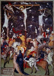 Kruisiging. Zwarte engelen vliegen rond de lichamen van de veroordeelden. Romeinen te paard draaien rond het kruis om de scène te aanschouwen door Unknown artist