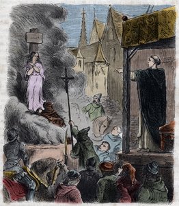 Kruistocht tegen de Albigenzen - Ketters levend verbrand: Katharen op de brandstapel tijdens de kruistocht tegen de Albigenzen in Frankrijk 13e eeuw (gravure uit 1879 in 