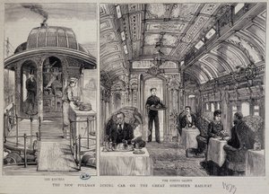 Keuken en restaurant van een Pullman-wagon - gravure
