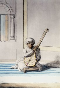 Cultuur, beschaving en Indiase samenleving: Muzikant die Thambourah speelt, traditioneel instrument van India. Gravure 1808