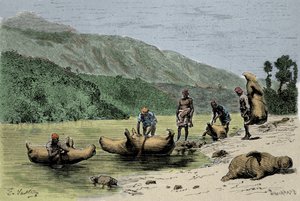 Gebruiken en transportmethoden: huiden van opgeblazen dieren gebruikt om rivieren over te steken. Gravure van de 19e eeuw door Unknown artist