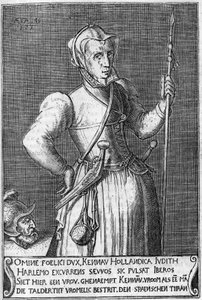 Dame Kenau Simonsdochter Hasselaer (1526-1588), de heldin van Haarlem (Holland) tijdens de strijd tegen de Spanjaarden in 1572. Gravure uit de 17e eeuw vergelijkbaar met Judith van Holofernes