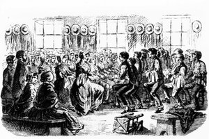 Dansende Shakers. 19e-eeuwse gravure