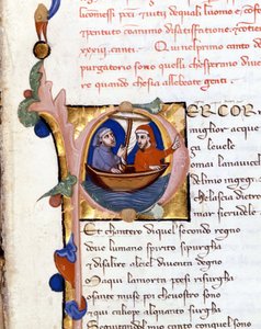 Dante Alighieri: Divina Commedia (Goddelijke Komedie) incipit van Purgatorio. Dante en Virgil. manuscript uit de 14e eeuw. Milano bibl. Trivulziana