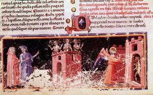 Dante en Vergilius bij de poort van Dite bewaakt door de furieën (canto 9 uit de Hel, in de Goddelijke Komedie) - miniatuur door Unknown artist
