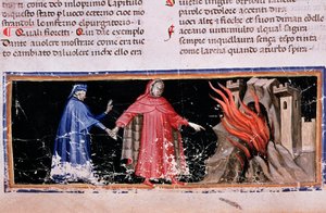 Dante en Vergilius bereiken de poorten van de hel (canto 3 van de Hel, in de Goddelijke Komedie) - miniatuur door Unknown artist