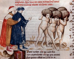 Dante en Vergilius kijken naar graaf en Umberto Aldobrandeschi Oderisi da Gubbio (canto 11 uit het Vagevuur, in de Goddelijke Komedie) - miniatuur 15e eeuw