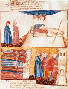 Dante en Virgil ontmoeten de zielen van gewelddadig gestorven mensen. Verlichte pagina die een lied van het Antipurgatorium illustreert uit de 