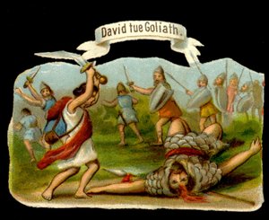 David en Goliath: David doodt Goliath met zijn zwaard. Chromolithografie uit de 19e eeuw door Unknown artist