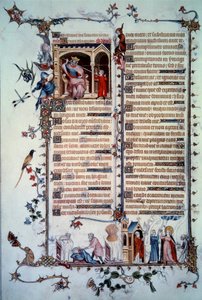 David bedreigd door Saul. Allegorie van hebzucht. Sacrament van de Communie. Allegorie van liefdadigheid. Miniatuur uit het Psalm Breviaire de Belleville door Unknown artist