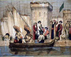 Vertrek van de Moren uit Algiers, na de kolonisatie door de Fransen, een oude of zieke man wordt op een boot geladen. 19e eeuw door Unknown artist
