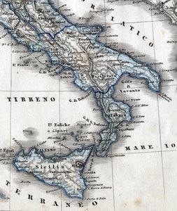 Detail van een geografische kaart die Zuid-Italië (Campania, Calabrië, Sicilië, Puglia, Molise Abruzzo regio