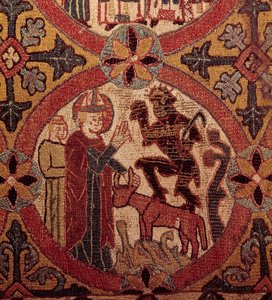 Detail van een borduurwerk dat de Verleiding van Sint Maarten uitbeeldt. IJslands wandtapijt. 1390-1403. Parijs, Nationaal Museum van de Middeleeuwen, Thermen van Cluny