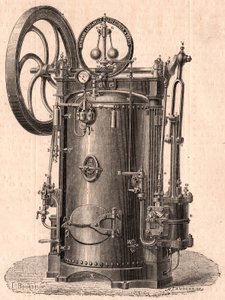 Gedetailleerd technisch overzicht van een kleine stoommachine geproduceerd in Parijs in 1866: ketel, cilinder, zuiger, drijfstang en vliegwiel