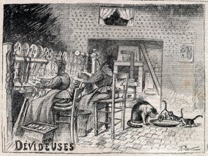 Devideuses - Atelier de Canut - interieur van een zijdeweverswerkplaats in Lyon gravure in 
