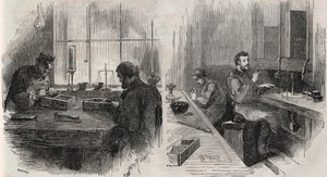 Diamantslijpen in een werkplaats in Nederland: splijters en polijsters - Gravure in 