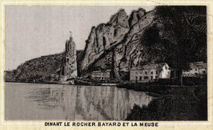 Dinant, de Rocher Bayard en de Maas, Wallonië, België. Chromolithografie van het einde van de 19e eeuw. door Unknown artist