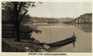 Diner, uitzicht richting Anseremme, en rivier Lesse, Waalse Regio van België. Chromolithografie van de late 19e eeuw. door Unknown artist