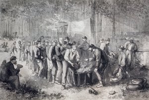 Distributie van rantsoenen aan Noord-Amerikaanse militaire eenheid, Verenigde Staten van Amerika, Amerikaanse Burgeroorlog, gravure door Unknown artist