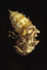 Dubbelportret met paus en duivel (omgekeerd beeld). Circa 1600 door Unknown