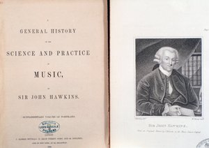 Dubbele pagina en frontispice van Algemene Geschiedenis van de Wetenschap en Praktijk van Muziek door John Hawkins