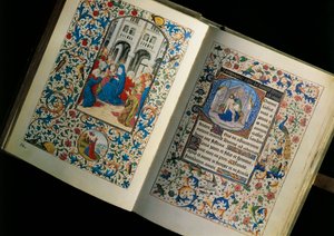 Dubbele pagina van een open manuscript (boek): de nederdaling van de Heilige Geest. Miniatuur naar het Brevier van Maria van Bourgondië