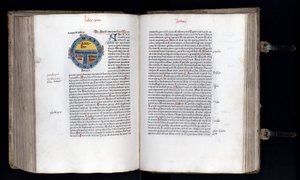 Dubbele pagina met de schematische kaart van de wereld op het T-O model door Unknown artist