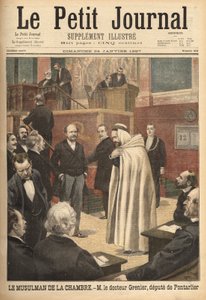 Dr. Grenier, een afgevaardigde van Pontarlier, recent bekeerd tot de islam, veroorzaakt een schandaal door in Arabisch kostuum naar de kamer van afgevaardigden te gaan. Gravure in 