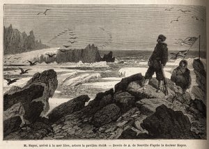 Dr. Hayes, arriveert bij de vrije zee van de Noordpool, het doel van zijn expeditie, plant de Amerikaanse stervlag. Gravure ter illustratie van de reis naar de vrije zee van de Noordpool, door dokter Hayes, chirurg van de Amerikaanse marine, in 1860-1862 door Unknown artist